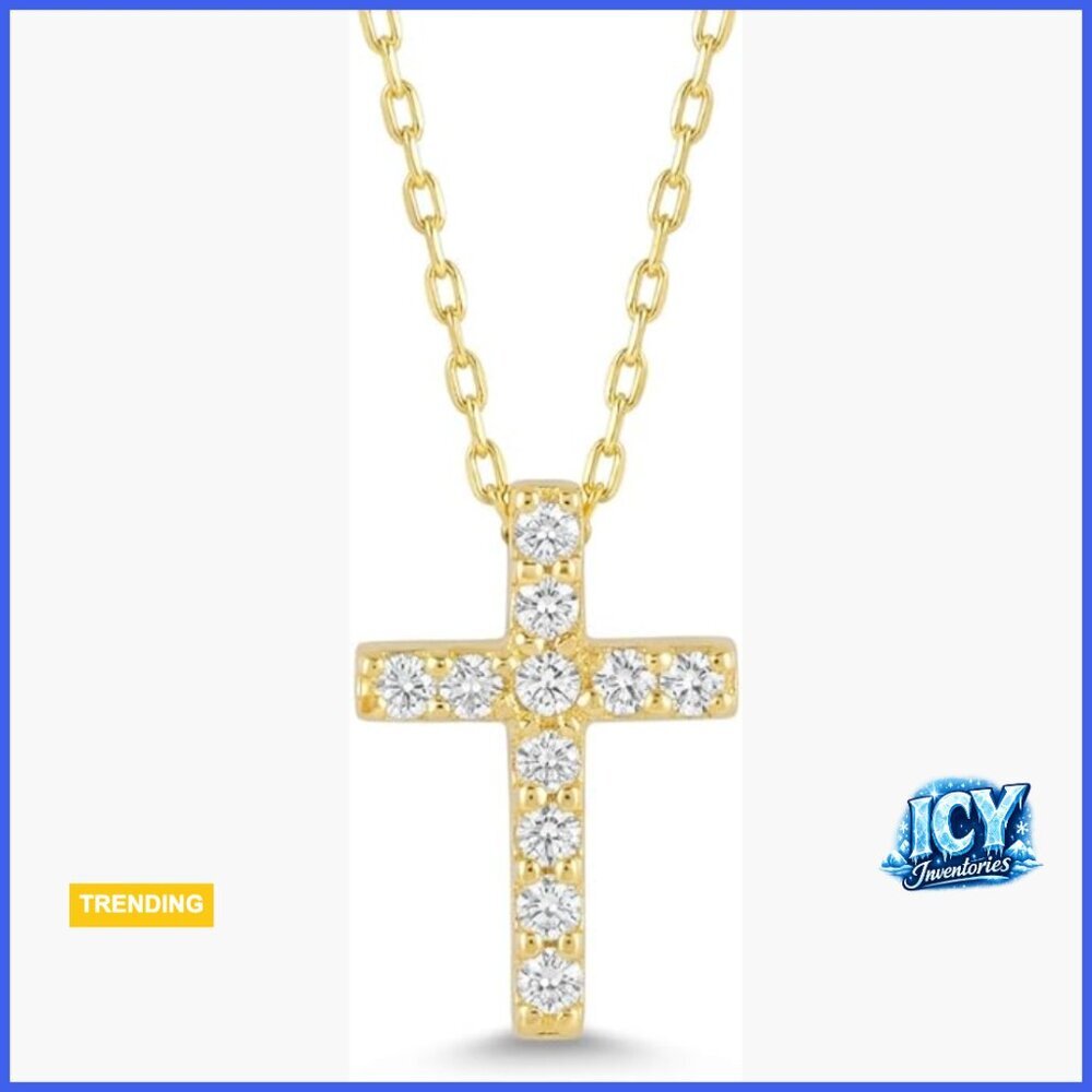14K Solid Gold Diamond Cross Pendant Necklace, 18 Inch Chain